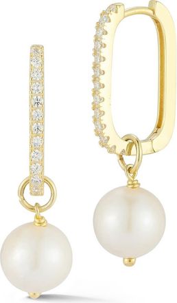 Sphera Milano 14K Gold Plated Sterling Silver Pavé CZ 9-9.5mm Cultured Pearl Drop Huggie Hoop Earrings at Nordstrom Rack