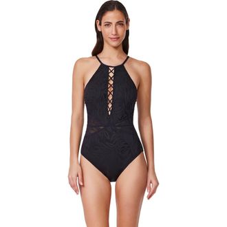 Gottex Skyfall Textured High Neck One Piece in Black at Nordstrom, Size 6