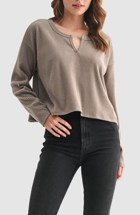 Lush Split Neck Long Sleeve Ribbed Top in Toffee at Nordstrom Rack, Size X-Large
