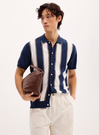 Lindbergh Mens Retro-stripe polo-collar Cardigan Sweater