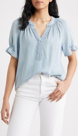 Wit & Wisdom Smocked Embroidered Chambray Top in Powder Blue at Nordstrom, Size Small