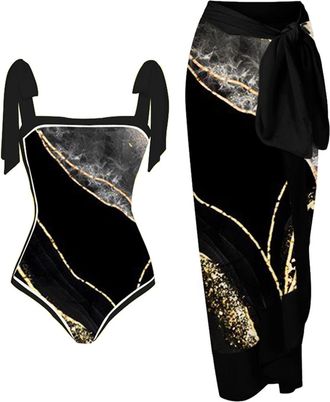 Generic Swimsuits for Women - Elegant Vintage Print One-Piece Swimsuit with Matching Sarong Cover-Up | Blue & White Floral Design | Adjustable Straps,Perfect 