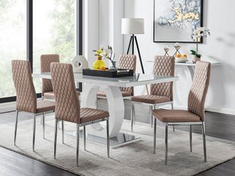 Furniturebox Giovani 6-Seater Grey Glass Dining Table & 6 Milan Faux Leather Dining Chairs in Beige