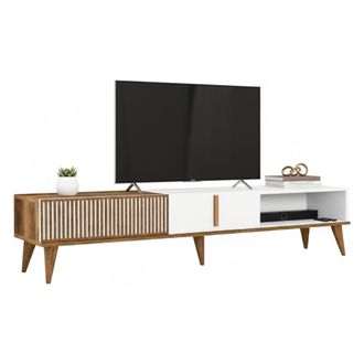 Dmora Dmora - Mueble De Televisi&oacute;n Aquila, Aparador De Sal&oacute;n, Mueble Bajo Para Tv, Base De Pared Equipada, 180x35h40 Cm, Nogal Y Blanco, Con Embalaje Reforz