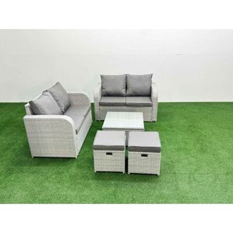 Fimous Fimous - 6 Seater Outdoor Love Sofa Set Rattan Garden Furniture Set with Square Coffee Table 2 Small Stools Light Grey