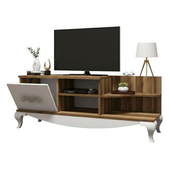 Dmora Dmora - Mueble De Televisi&oacute;n Zeta, Aparador De Sal&oacute;n, Mueble Bajo Para Tv, Base De Pared Equipada, 130x45h51 Cm, Nogal Y Blanco, Con Embalaje Reforzad