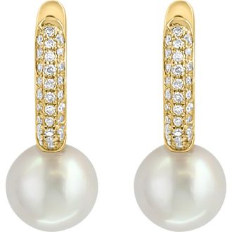 Effy 14K Yellow Gold Fresh Water Pearl Diamond Huggie Earrings in 14K Gold at Nordstrom
