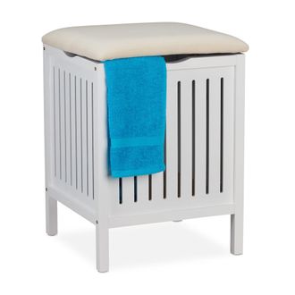 Relaxdays Banco Ba&ntilde;o Con Asiento, Taburete Para Colada, Estilo R&uacute;stico, 40 L, Cesto Ropa Sucia, 55 X 41 X 41 Cm, Blanco - Relaxdays
