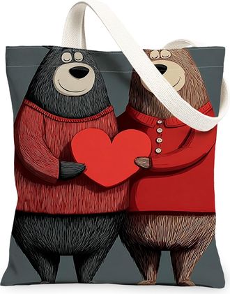 Generic Cute Bears Canvas Tote Bag, Playful Animal Design Reusable Grocery Bags, Winter Holiday Lightweight Washable Shoulder Strap, Gray, 13x15 Inch