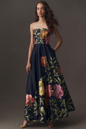 BHLDN Kira Strapless Printed Satin A-Line Maxi Dress