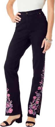 Roaman's Plus Size Invisible Stretch Embroidered Split Flare-Leg Jean in Black Vine at Nordstrom, Size 32