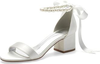 Generic Bride Heels Womens Block Heel Bridal Shoes Open Toe Pearl Heels Wedding Shoes Bridal Wedding Low Heels Sandals 5.5Cm,Ivory,10 UK