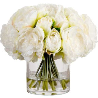 Nearly Natural Wedding Collection 11-in Artificial Peony Arrangement in Glass Vase in Green/white at Nordstrom