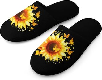 Generic Sunflower with Yellow Butterflies Warm Mens Slippers Slip On Soft Fleece House Shoes Winter Indoor Outdoor