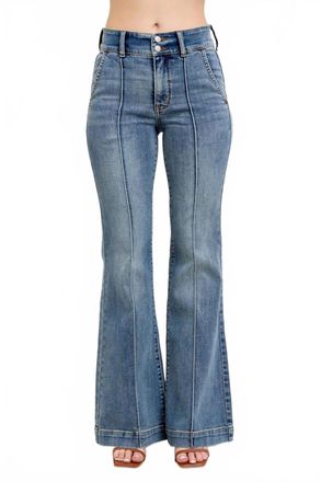 Judy Blue High Waist Double Button Trouser Flare Jeans In Medium Blue