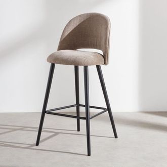 Maisons du monde Taburete de bar de tela beige latte y madera de caucho negra 80 cm