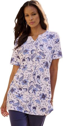 Roaman's Plus Size Soft Knit Print Tunic With Notch Neckline in Blue Butterfly Garden at Nordstrom, Size 3X