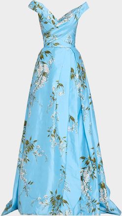 Monique Lhuillier Off-The-Shoulder Wisteria Silk Taffeta Slit Ball Gown