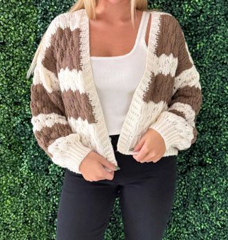 Wishlist Textured Striped Sweater Cardigan In Cream/choco