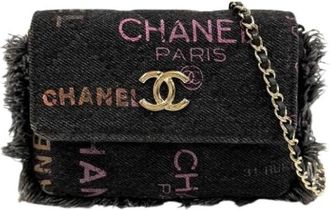 Chanel Pre-owned Quilted Denim Fringe Crossbody - Dames - Vintage Schoudertas - Zwart - ONE Size - Denim - Vintage