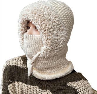 Generic LQQDREX 3 in 1 Beanie Hat with Scarf and Mask, Winter Balaclava for Women, Warm Knitted Cold Knitted Hats Wind Resistant Hooded Scarf Beige