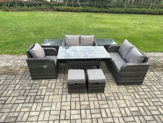 Fimous 7 Seater Lounge Rattan Sofa Set Outdoor Garden Furniture Oblong Rectangular Dining Table With Chairs 2 Small Footstools 2 Side Tables