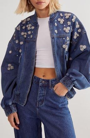 NASTY GAL Embellished Flower Appliqu&eacute; Oversize Denim Bomber Jacket in Authentic Denim at Nordstrom Rack, Size 8
