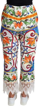 Dolce & Gabbana Womens Multicolor Majolica Print Trouser Cotton Pants Silk Rayon Polyester
