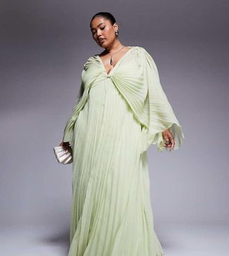 Asos Curve ASOS DESIGN Curve pleated chiffon twist front maxi dress in apple green