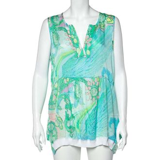 Roberto Cavalli Class by Roberto Cavalli Blue Printed Silk Rib Knit Trim Detailed Top L
