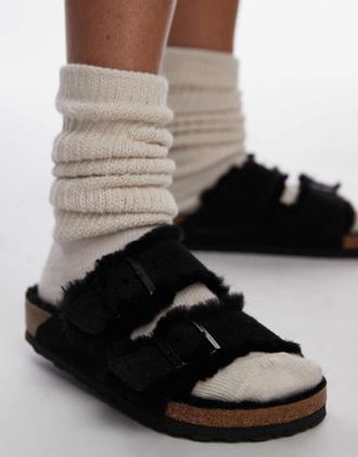 Birkenstock Arizona - Sandali unisex in camoscio e montone neri-Nero