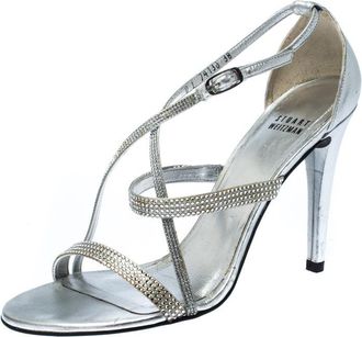 Stuart Weitzman Metallic Silver Crystal Embellished Sandals