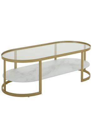 Livetastic Couchtisch, Wei&szlig;, Goldfarben, Metall, Glas, oval, Flachrohr, 55x40x120 cm, Wohnzimmer, Wohnzimmertische, Couchtische, Couchtische Glas