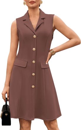 Grace Karin Womens Elegant Sleeveless Dresses Summer Lapel Collar Solid Color A-Line Casual Formal Dresses 2XL Brown