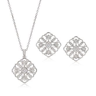 Ross-Simons Diamond Jewelry Set: Geometric Floral Pendant Necklace and Earrings in Sterling Silver