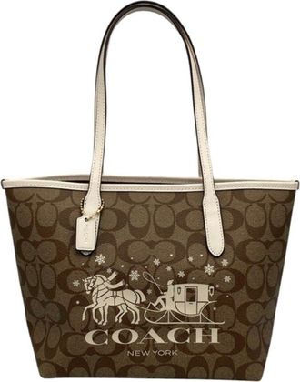 Coach Signature Beige Off-White Pvc Leather Tote Bag (Pre-Owned)