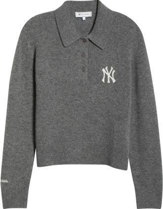 Sporty & Rich Heritage Yankees Serif Cashmere & Wool Sweater in Dark Grey at Nordstrom, Size X-Small
