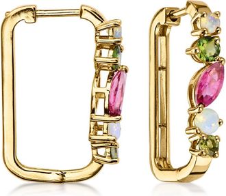 Ross-Simons Pink and Green Tourmaline Squared Hoop Earrings With Opals in 10kt Yellow Gold
