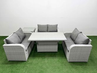 Fimous 6 Seater PE Wicker Rattan Furniture Sofa Sets with Adjustable Lifting Dining or Coffee Table 2 Seater Love Sofa Side Table Light Grey