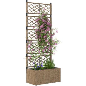 OUTSUNNY Jardinera Exterior Grande De Rat&aacute;n Con Enrejado 2 Macetas Extra&iacute;bles Para Plantas Trepadoras Para Patio Terraza 57x30x150 Cm Natural