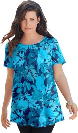 Roaman's Plus Size Ultimate Cotton Crewneck Short Sleeve Swing Tee in Navy Layered Leaves at Nordstrom, Size Small