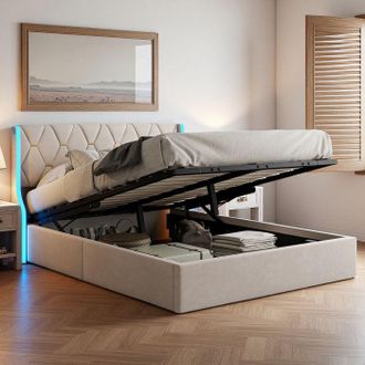 OEM Cama Litera 140x200 Cm Terciopelo Beige - Led Rgb Integrada, Somier De Lamas, Hidr&aacute;ulico