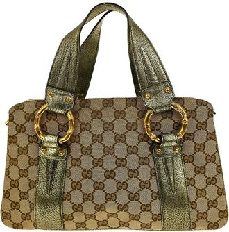 Gucci Belted Bucket Tote Gg Canvas With Leather Beige Canvas Handbag (Pre-Owned)