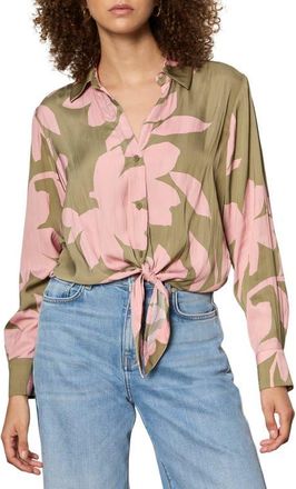 Sanctuary Lover Print Tie Hem Crop Sateen Shirt in Pink Silhouette at Nordstrom, Size Xx-Large P