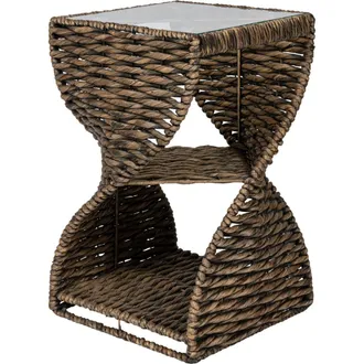 Jonathan Y Designs Suraya 14 Coastal Bohemian Handwoven Water Hyacinth Sculptural Twisted End Table with Glass Top and Storage Shelf in Brown at Nordstrom