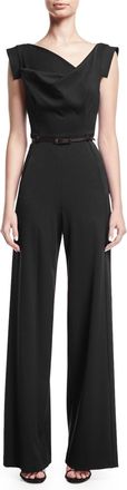 Black Halo Jackie Cap-Sleeve Belted Wide-Leg Jumpsuit