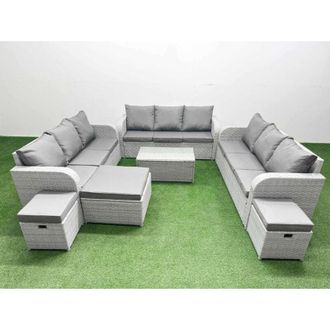 Fimous Pe Rattan Lounge Sofa Set 12 Seater Outdoor Garden Furniture Set with Rectangular Coffee Table 3 Seater Sofa 3 Stools 2 Side Table Light Grey - Fimous
