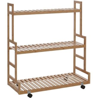 Hhg [NON UTILIZZATO] Scaffale per piante in bamb&ugrave; HHG-372, scala mobile supporto per fiori, 3 ripiani, rotelle, 105x90x38 cm, naturale