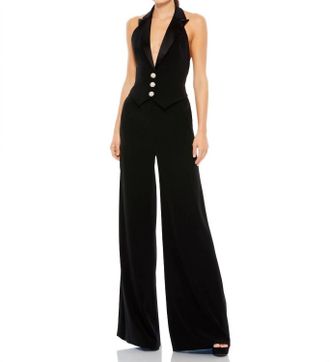 Mac Duggal Tuxedo Halter Jumpsuit In Black