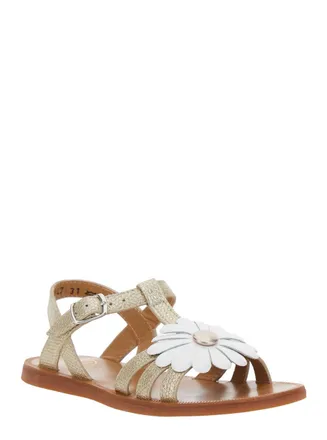 Pom dApi Girls Metallic Open Toe Sandals With Flower Detail Leather